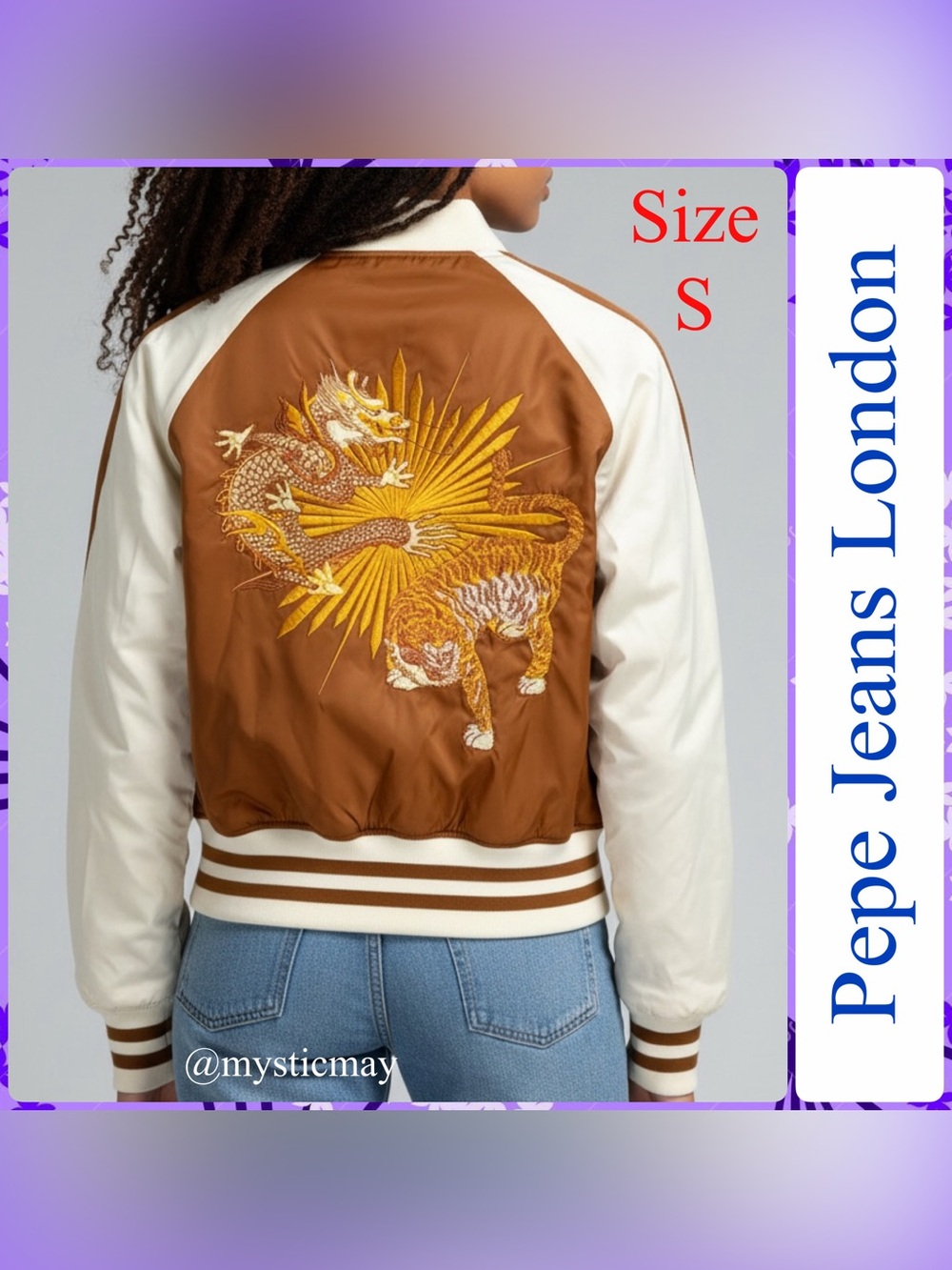 Vintage 90s PEPE JEANS Copper Brown Embroidered DRAGON & TIGER Bomber Jacket S